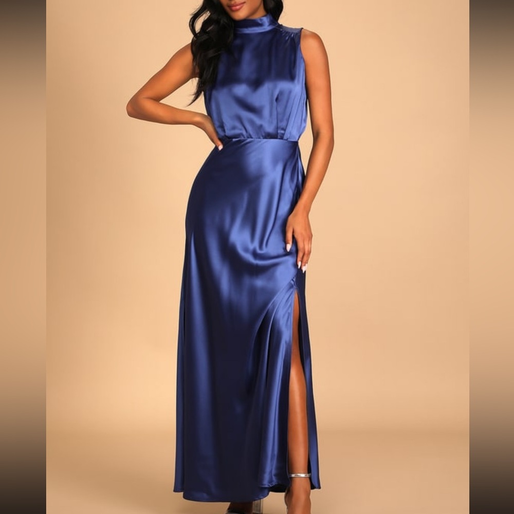 Lulus Classic Elegance Blue Satin Sleeveless Mock Neck Maxi Dress